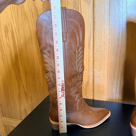 ISNOM Sz 7.5 Women's Brown Faux Leather Tall Cowboy Boots Western NIB - Picture 8 of 9